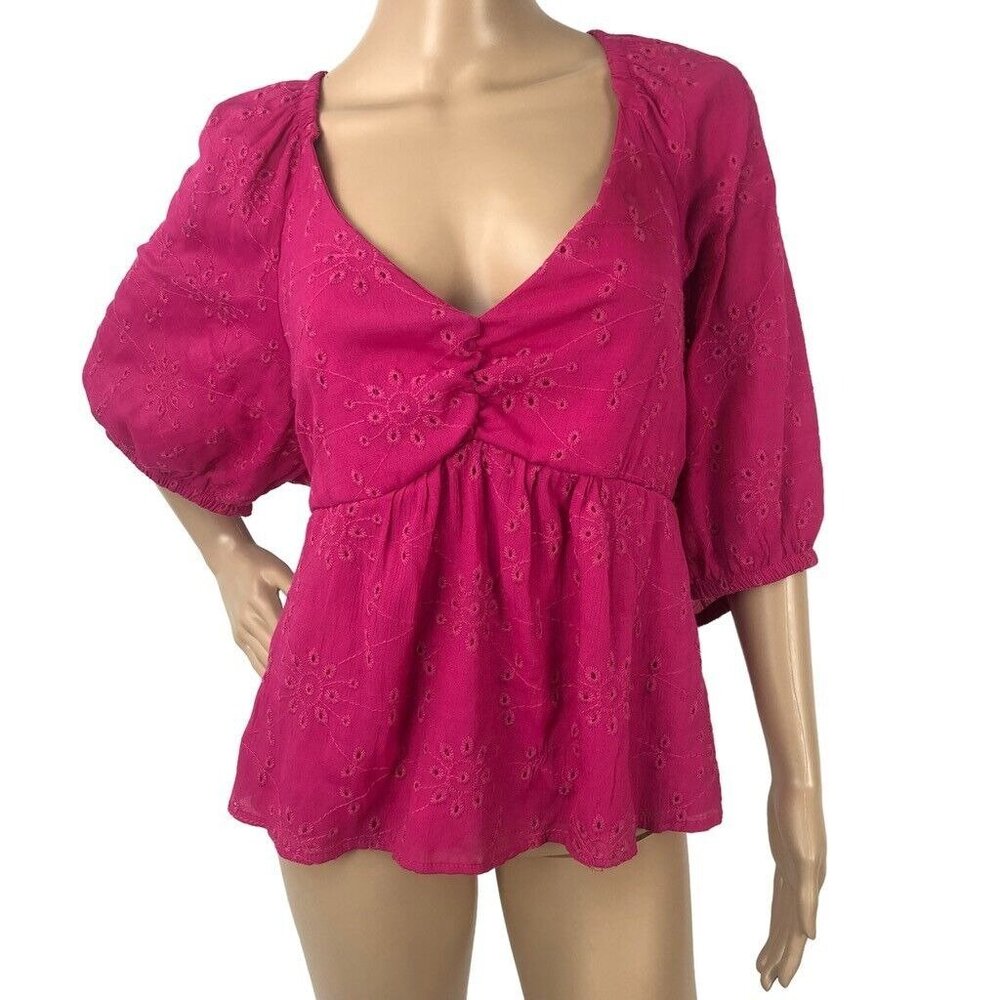 Sofia Jean Eyelet Lace‎ Blouse Peplum V-Neck Peasant Babydoll Top Pink Size XXXL